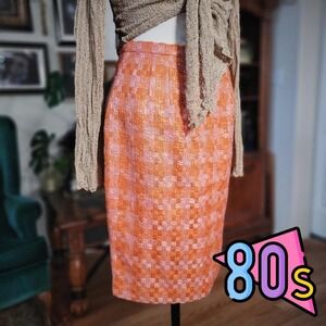 Anne Klein II Pencil Skirt Vintage 80s Orange Pink Tweed Knit Made in USA Size 8